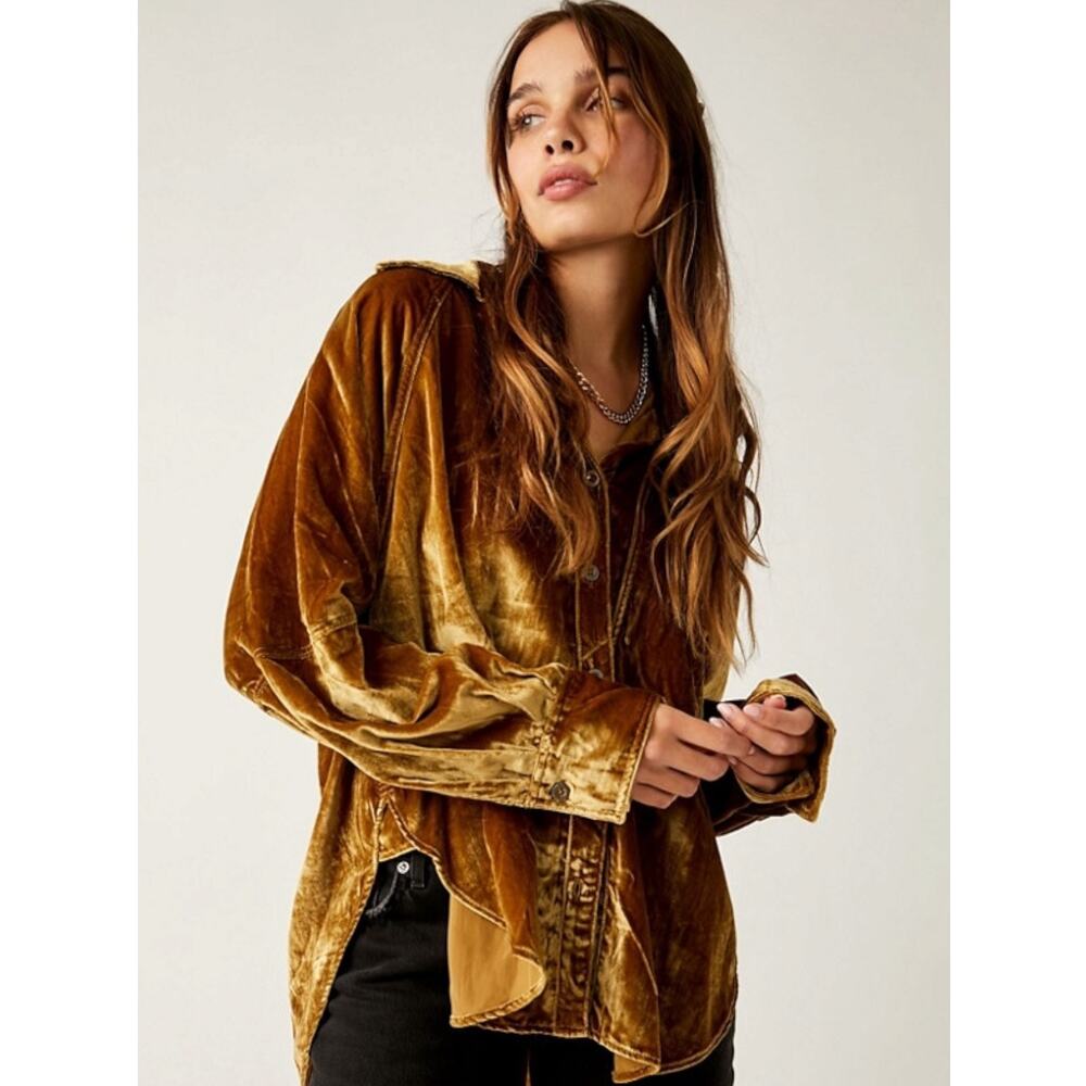 Free People Night Skies Velvet Top Golden Brown Size Medium Retro 70s Bohemian - Picture 4 of 13